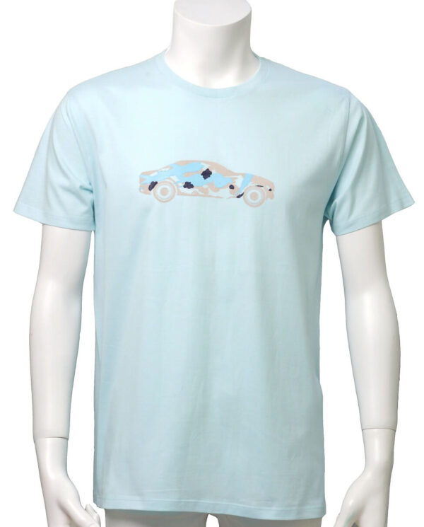 Car with brushstrokes - 水色地　ベージュ柄　クルーネックTシャツ
