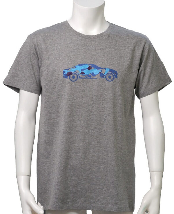 Car with brushstrokes - グレー地　ブルー柄　クルーネックTシャツ