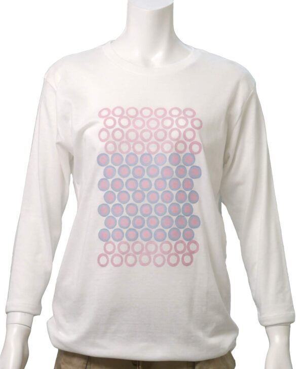 "Polka Dot Tile" ピンク x 水色　白地 七分袖Tシャツ