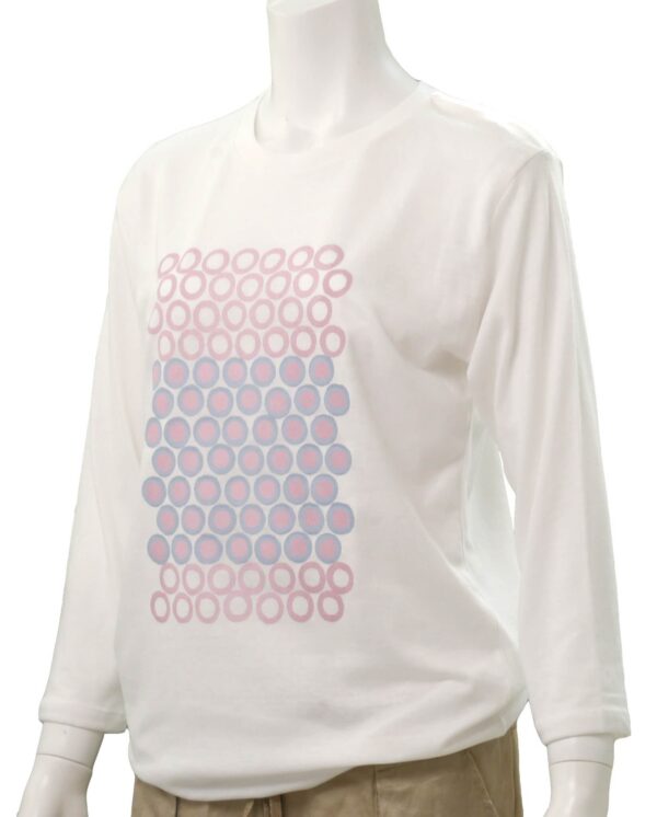 "Polka Dot Tile" ピンク x 水色　白地 七分袖Tシャツ - 画像 (2)
