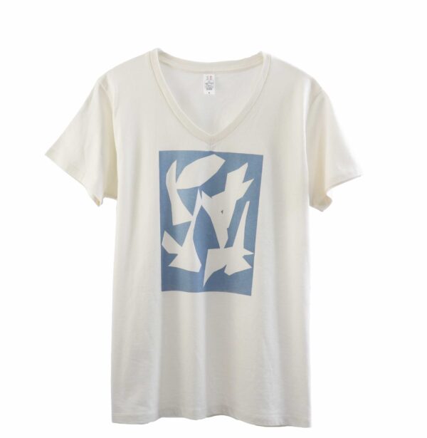 Kirie ー 切り絵を使ったデザインのオフホワイトVネックTシャツ