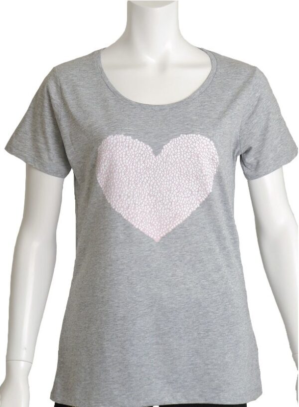 "Petal Heart" Round Neck Gray Short-sleeved