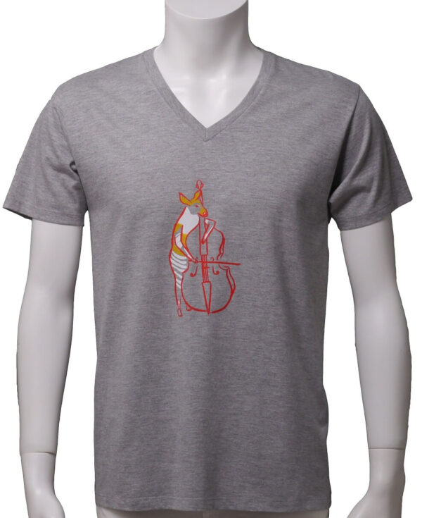 "Okapia Johnstoni Playing Bass" V Neck  Gray Short-sleeved - Image 2