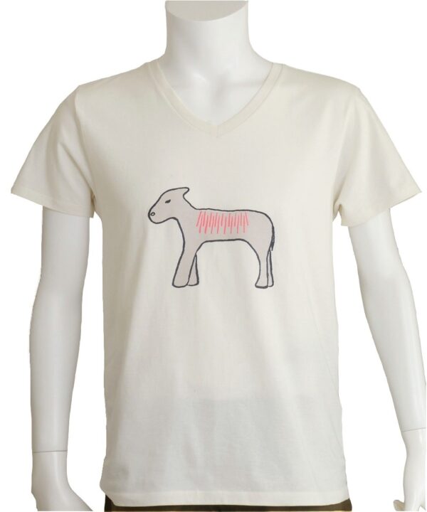"Antique Animal" V Neck Egg-shell White Short-sleeved