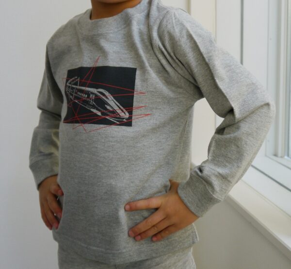 "Shinkansen bullet train" Crew Neck Gray Long-sleeved