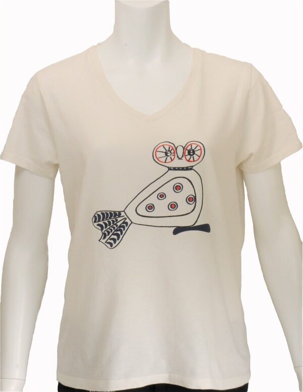 "Ancient Owl Design" Crew Neck Egg-shell White Short-sleeved