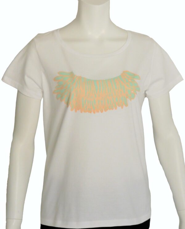 "feather" Mint Crew Neck White Short-sleeved