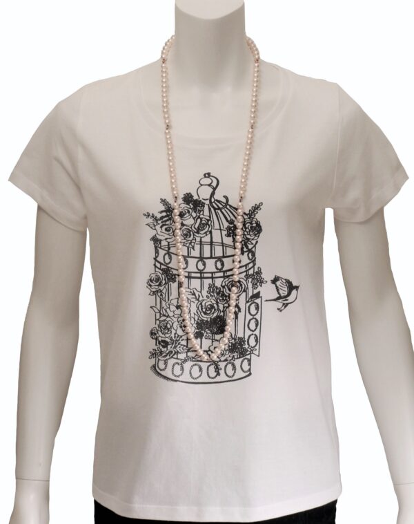 "Flower Birdcage" Short-sleeved shirt with Pink Cotton Pearl Necklace (White)