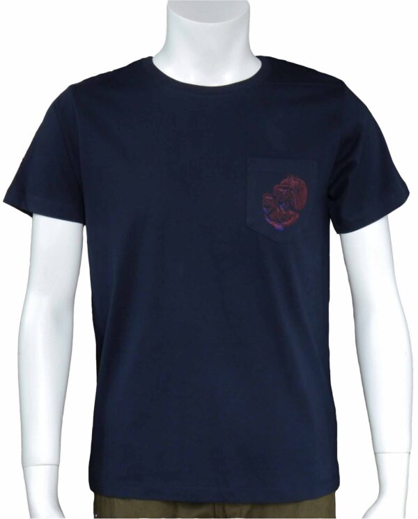 "Pomegranate" Crew Neck T-shirt with a Chest Pocket, Navy, Half-sleeved