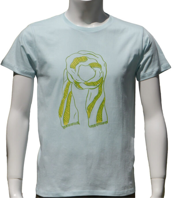 "Scarf"  - yellow green on cool aqua Tee , Half-sleeved