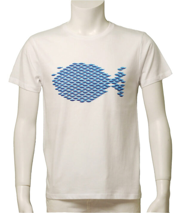 "Fish" Crew Neck White Half-sleeved Blue x Blue